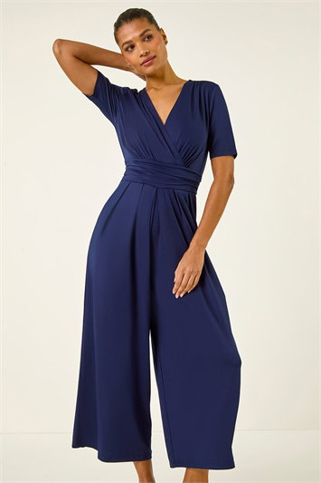 Blue Wrap Bodice Belted Jumpsuit