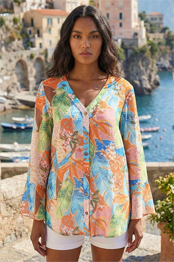 Orange Tropical Print Frill Sleeve Top