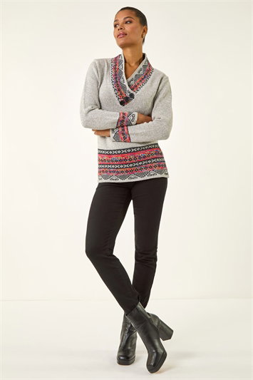 Nordic Print Button Detail V-Neck Jumper 16087336