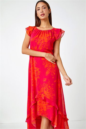 Floral Frill Chiffon Asymmetric Midi Dress 14357332