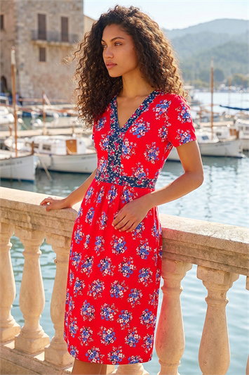Petite Floral Contrast Stretch Midi Dress 14850578