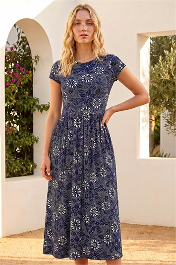 Black Patchwork Floral Stretch Jersey Dress - Roman UK