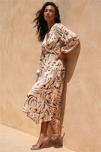 Cream Zebra Print Twist Front Midi Dress
