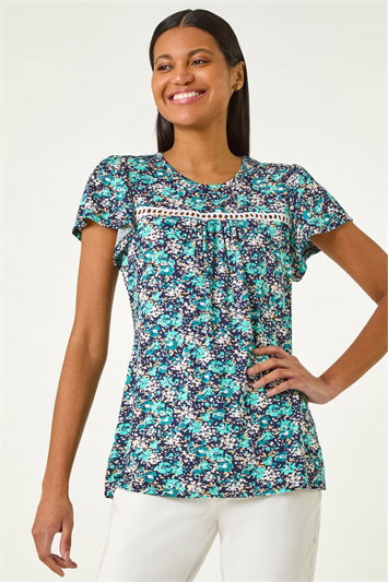 Blue Floral Print Ladder Trim Stretch Top