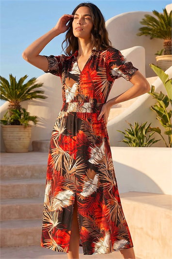 Red Leaf Print Shirred Midi Dress