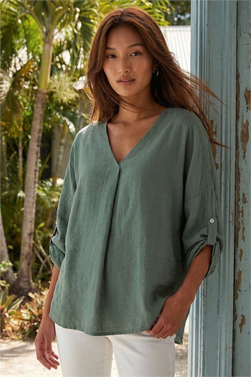 Green Pleated V-Neck Stretch Tunic Top
