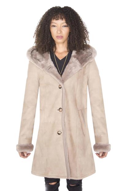 Cream Womens Suede Merino Sheepskin Parka Coat