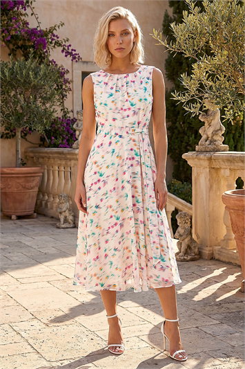 Petite Abstract Print Pleated Midi Dress 14732938