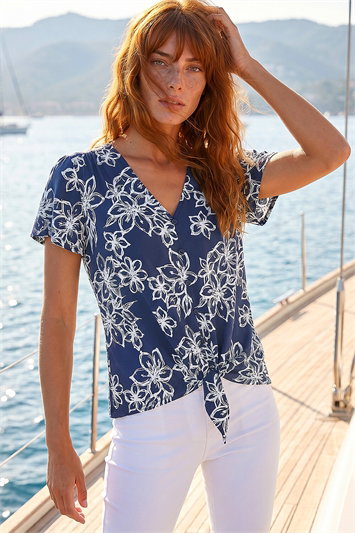Blue Textured Floral Print Tie Front Top