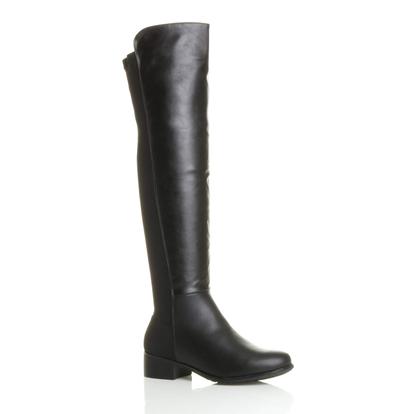 Black Low Heel Elastic Gold Zip Over The Knee Boots