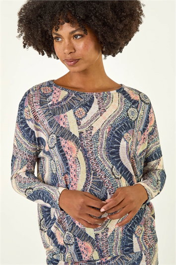 Pink Abstract Print Banded Hem Stretch Top