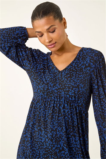 Blue Abstract Print V-Neck Tunic Top