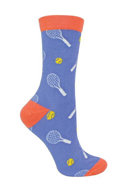 Blue Novelty Bamboo Socks With Tennis Rackets