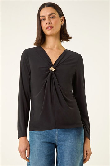 V-Neck Metal Trim Stretch Top 19455508