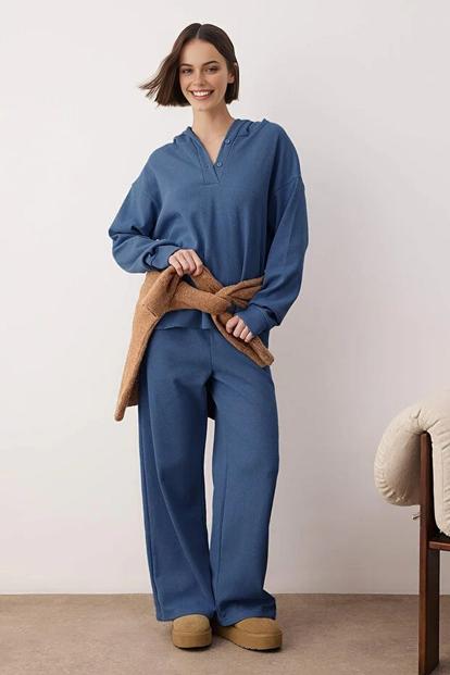 Blue Hooded Button Placket Cotton Waffle Knit Wide Leg Loungewear Set
