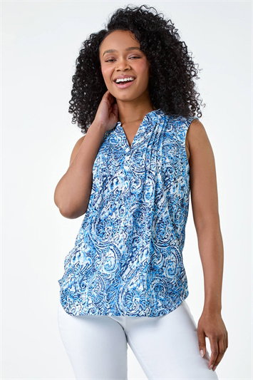 Petite Paisley Pleat Front Button Top 19306009
