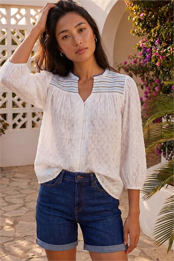 White Petite Smock Button Up Blouse