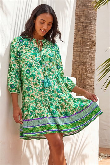 Floral Print Border Smock Dress 14725834