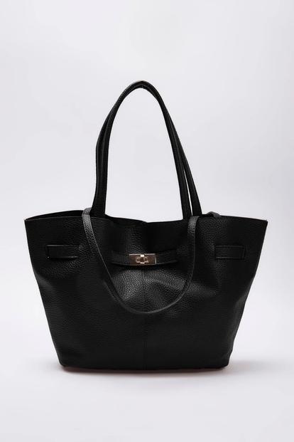Black Turn Lock Pebbled Tote Shoulder Bag