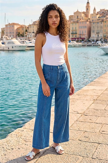 Blue Petite Stitch Pocket Wide Leg Jeans