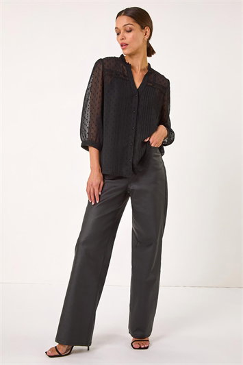 Black Dobby Lace Front Pleated Blouse