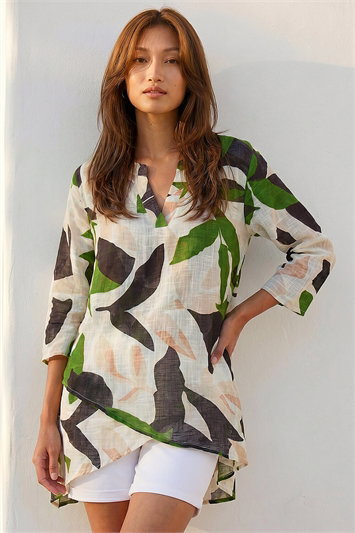 Green Leaf Print Wrap Front Tunic Top