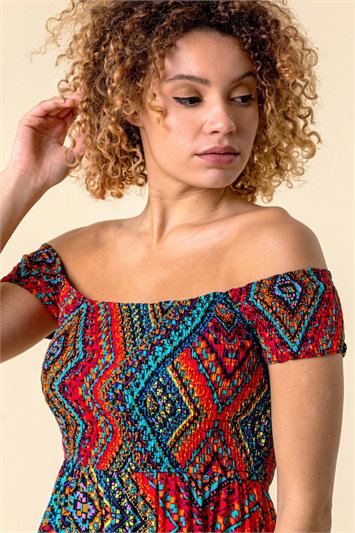 Shirred Aztec Print Bardot Dress 14101558