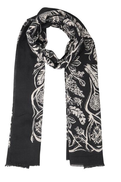 Black Ornate Floral Bordered Lightweight Scarf