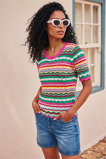 Pink Wave Print Knitted Cotton Top