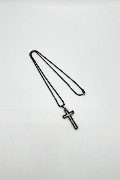Black Hollow Cross Pendant Necklace In Black