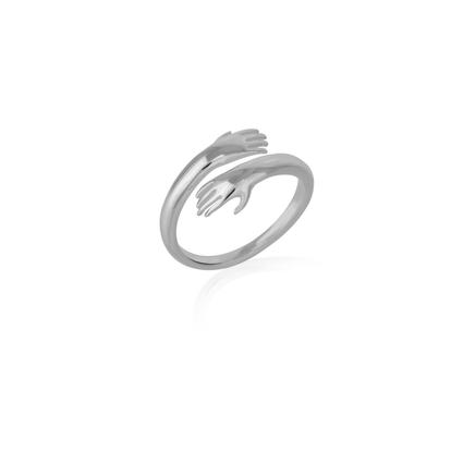 Metallic Hug Ring With Hands Sterling Silver And Gold Plated