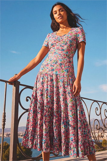 Floral Ruched Midi Dress 14874172