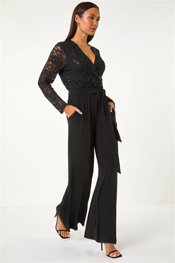 Black Sequin Lace V-Neck Stretch Jumpsuit