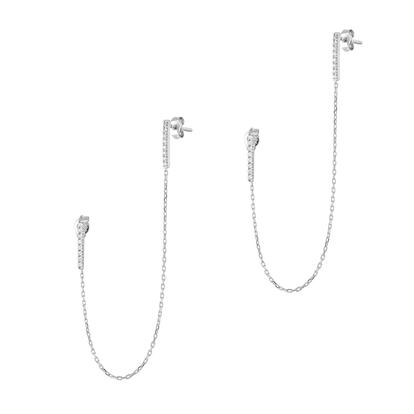 Metallic Chained Bar Chain Earring Sterling Silver - Pair
