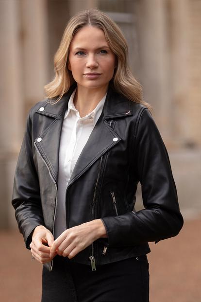 Black 'Caro' Real Leather Biker Jacket