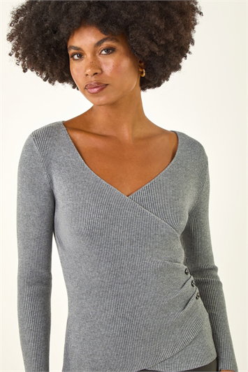 Grey Wrap Button Detail Knit Jumper