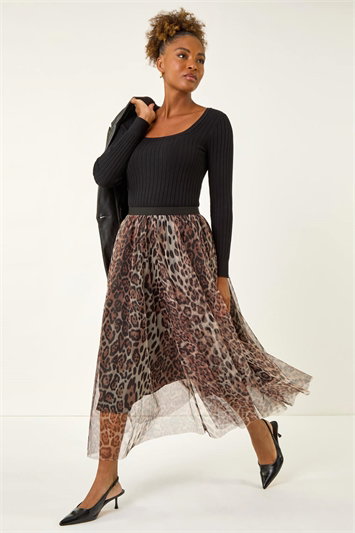 Animal Print Mesh Layered Skirt 17069019