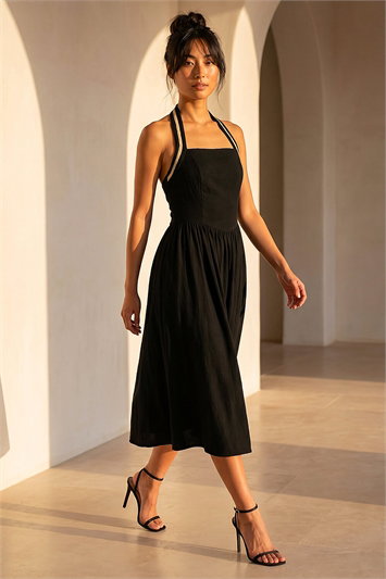 Black Petite Halter Neck Linen Blend Dress