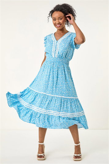 Petite Floral Print Ric Rac Midi Dress 14687892