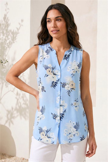 Blue Floral Print Longline Blouse