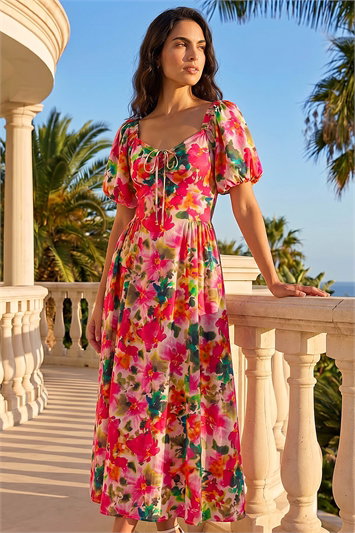 Dusk Floral Pleated Puff Dress 14715778
