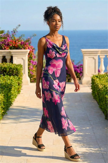 Blue Floral Print Cowl Neck Midi Dress