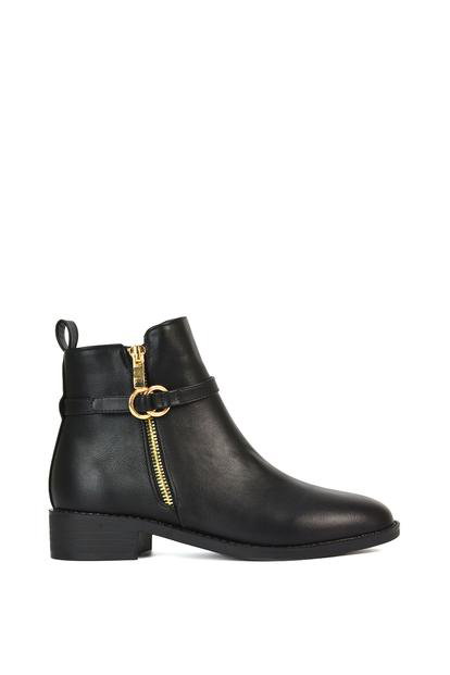Black 'Lorna' Flat Low Heel Ankle Booties With Decorative Buckle And Zip