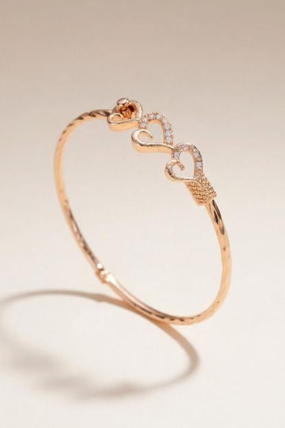 Metallic Three Heart Zircon Love Couple Cuff Slim Lightweight Stacking Bangle