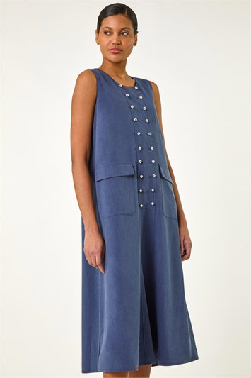 Blue Button Detail Midi Stretch Dress