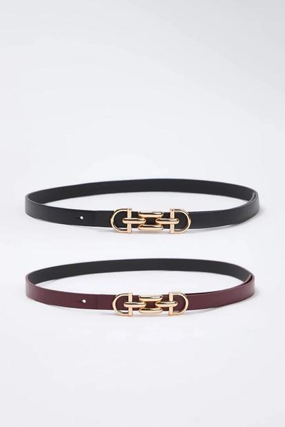 Multi Double Pack Gold Chain Buckle Slim Faux Leather Belt