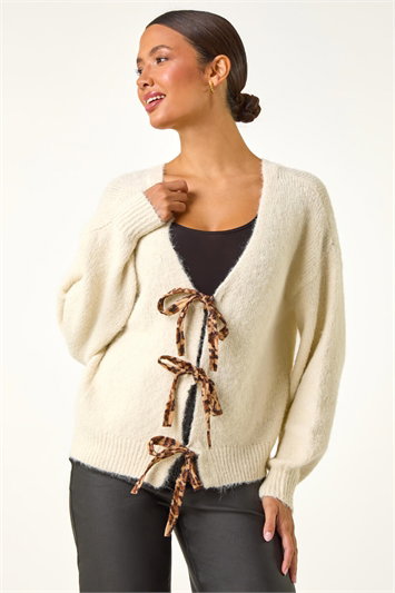 Leopard Tie Front V-Neck Cardigan 16182338