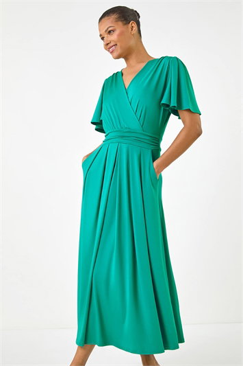 Green Tie Back V-Neck Stretch Midi Dress