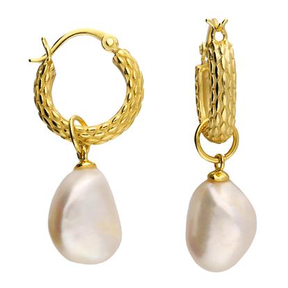 Metallic Elegant Gold Plated Basket Weave Hoop Earrings With Freshwater Pearl Charm