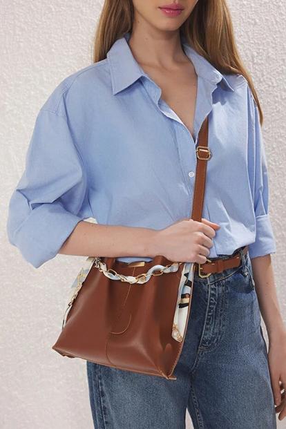Brown Scarf Chain Handle Bucket Shoulder Bag